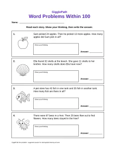 Word Problems Within 100 worksheet preview
