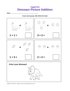 Dinosaur Picture Addition worksheet preview